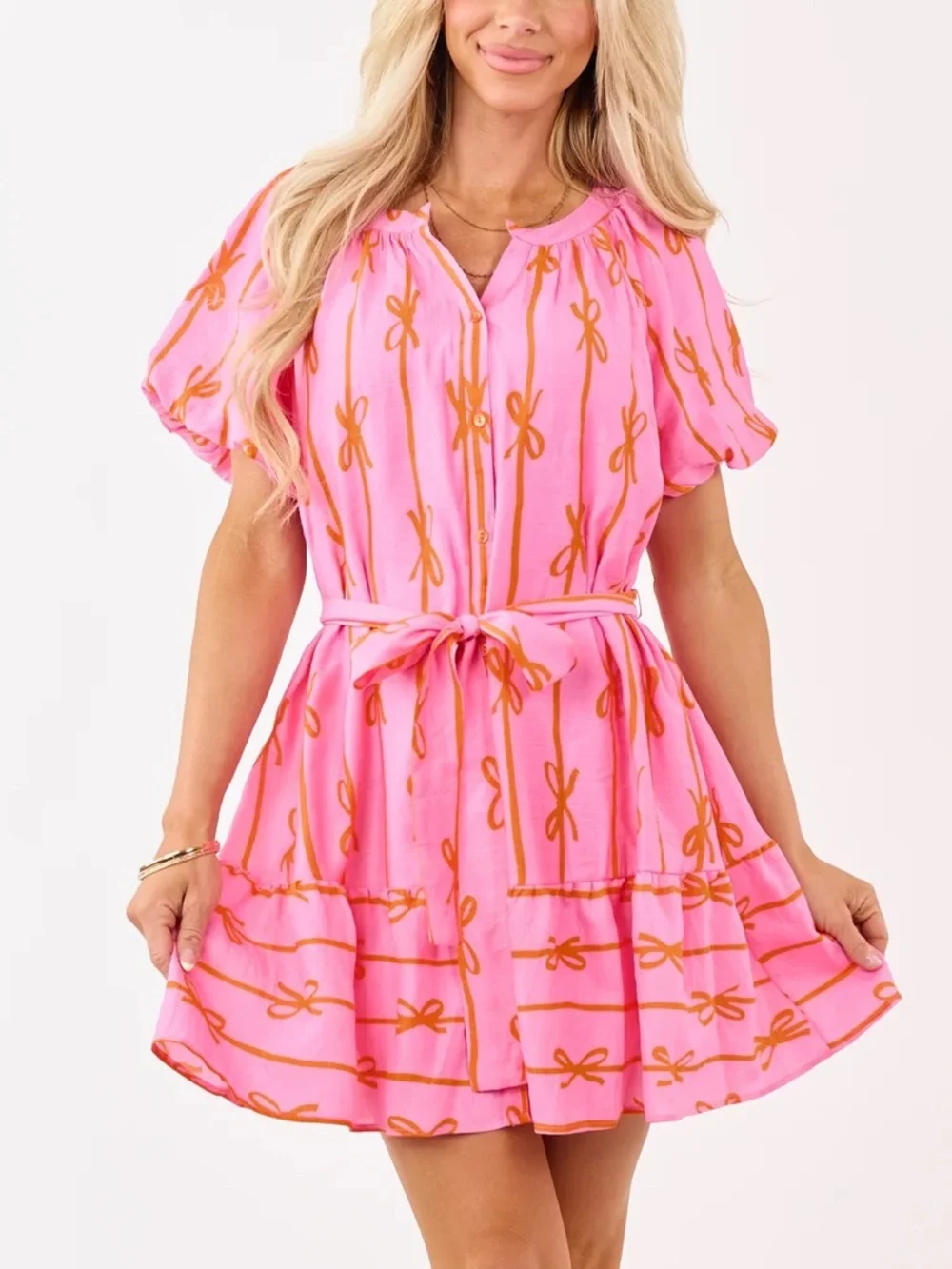 NWT Umgee Bow Print Mini Dress w/ Tie Waist - Picture 3 of 10